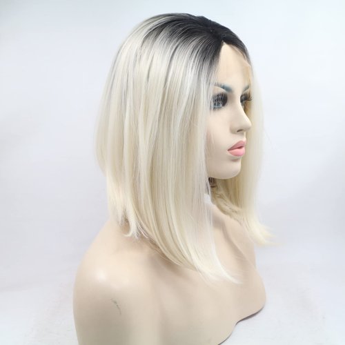 xiweiya White Mixed Blonde Bob Wig with Dark Root Synthetic Lace Front Wigs Middle Part Wig Soft Wig Hair Replacement Wig for Women, Drag Queen Makeup 14 inch
