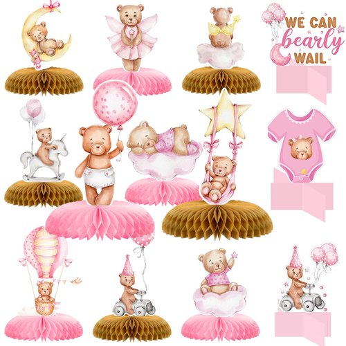 Demissle 12 Pcs Bear Baby Shower Party Honeycomb Centerpieces Table Decorations Pink Bear Balloon Centerpieces for Tables Bear Paper Cutouts for Baby Shower Kids Birthday Party Supplies