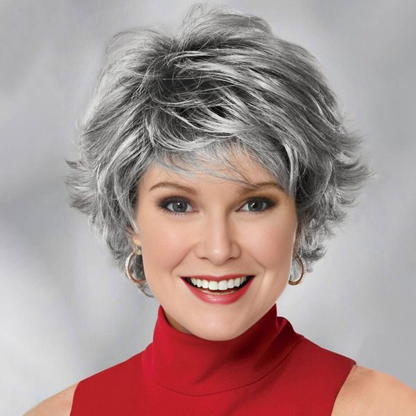 MIMAN Short Grey Wigs for Women Razor Cut Shag Wig with Bangs Synthetic Hair Replacement Wigs Short Wavy Layered Cut with Wispy Loose Curls