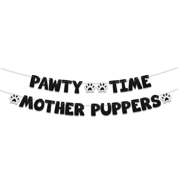 BEISHIDA Glitter Black Pawty Time Mother Puppers Banner - NO DIY - The Pet Birthday Banner - Puppy Birthday Decorations，Cute Cat/Dog Birthday Party Supplies，Dog Paw Party Bunting Sign，Puppy Dog Pennant Décor