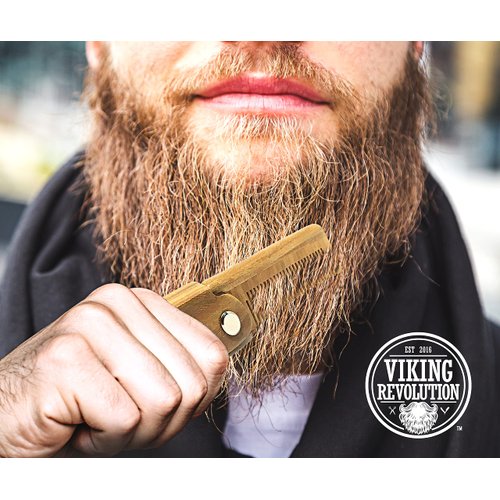 Folding Beard Comb w/Carrying Pouch for Men - All Natural Wooden Beard Comb w/Gift Box - Green Sandalwood Comb for Grooming & Combing Hair, Beards and Mustaches by Viking Revolution
