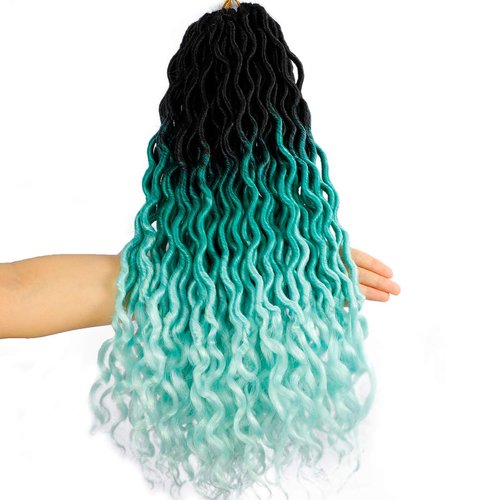 Ouyafei 5Pack Wavy Faux Locs Braids Crochet Hair 20inch Ombre Green Braiding Hair Goddess Locs with Curly Ends Synthetic Twist Crochet Hair Extensions (1B/Green/Light Green#,500g/Lot)