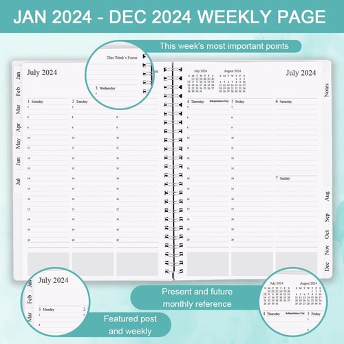 2024 Appointment Book - 7" x 10" Weekly Appointment Book 2024 from January 2024 - December 2024, Flexible Cover, 2024 Spiral Binding Planner with Monthly Tabs, Teal Watercolor