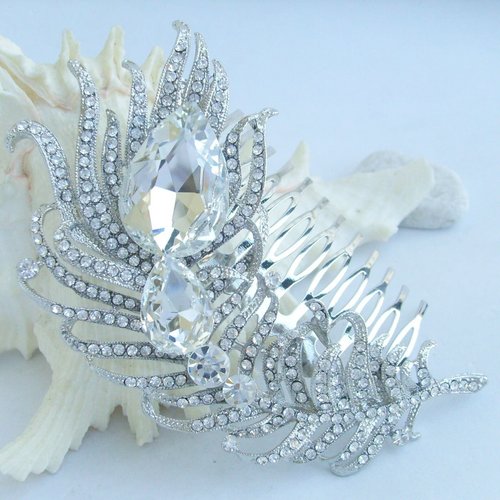 Sindary Wedding Headpiece 4.33" Rhinestone Crystal Bridal Peacock Feather Hair Comb (Silver-Tone Clear)