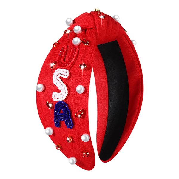 CEALXHENY 4th of July Headbands for Women, 4th of July Accessories, American Flag Patriotic Headbands, Rhinestone Pearl Knotted Headbands Beads Embellished Jeweled Headbands Holiday Gifts (USA-Red2)