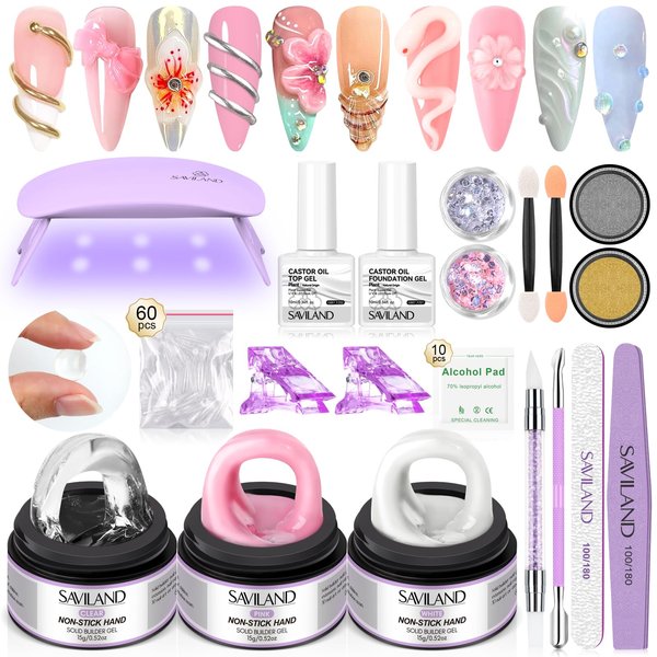 SAVILAND Solid Builder Nail Gel Kit Beginner: 3 Colors Non Sticky 3D Nail Gel with U V Lamp Chrome Powders Nail Sequins Complete Sculpting Nail Art Accessory for Nail Extension Carving