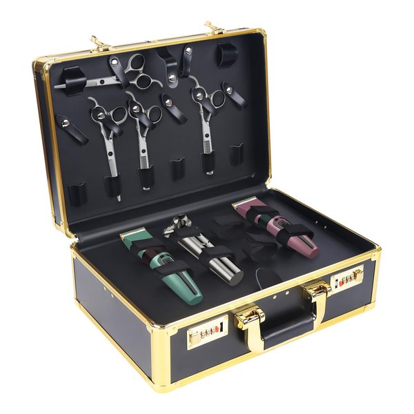 HuaShuani Barber Beauty Salon Tool Kits, Hairdresser Suitcase Travel Code Case, Portable Tool Organizer, Suitable for Organizing Scissors, Trimmers, Combs, Brushes and Other Styling Tools (Gold)