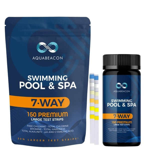 Aquabeacon Pool Test Strips - 7-Way Spa & Hot Tub Test Strips – 150PCS Premium Pool Testing Strips - Pool Water Test Strips for Alkalinity, pH, Free & Total Chlorine, Bromine, Hardness & Cyanuric Acid