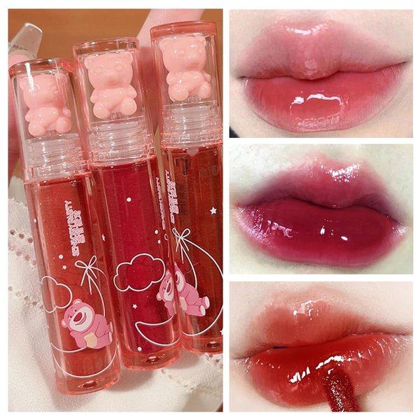 Blopuivo 3 Colors Bear Lip Gloss,Jelly Lip Glaze,Cute Liquid Lipstick Bear Lip Stain Watery Lipgloss Plumping Lip Tint Moisturizing Waterproof Long Lasting for Lip and Cheek