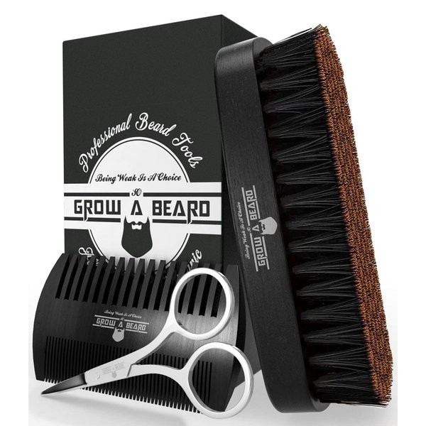 Beard Brush for Men & Beard Comb Set w/Mustache Scissors Grooming Kit, Natural Boar Bristle Brush, Dual Action Wood Comb, and Travel Bag Great for Christmas Gift (Black)
