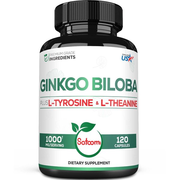 1000mg Ginkgo Biloba Supplements with L-Tyrosine, L-Theanine - 120 Capsules for 2-Month Supply - Support Focus, Mermory Function, Brain Health & Vision Quality