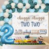 JOYMEMO Blue Train 2nd Birthday Party Decorations Boys, Train Balloon Garland Arch, Number 2 Balloon with Chugga Chugga Two Two Backdrop for 2 Years Old Birthday Party Supplies