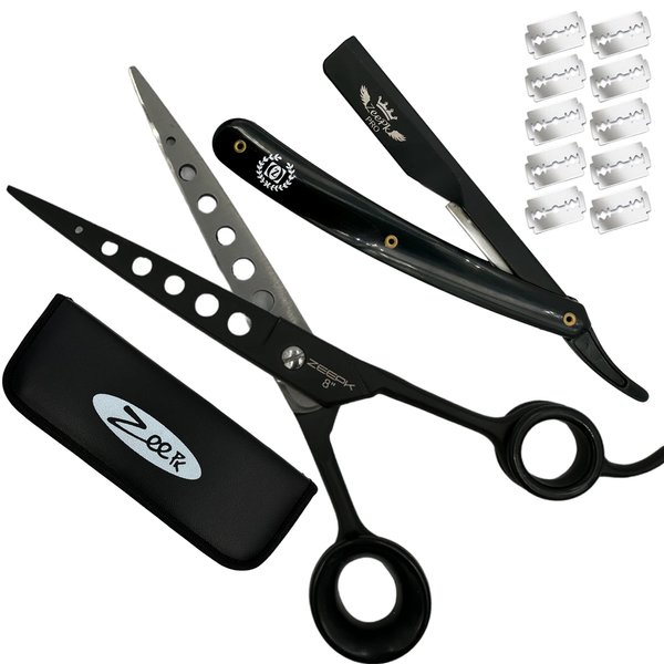 Professional Barber Shears Set 8 inch Hair Cutting Scissors and Thinning Shears for Salon and Home Use Serrated Edge German Steel Black Matte With Barber Shaving Razor Right Handed