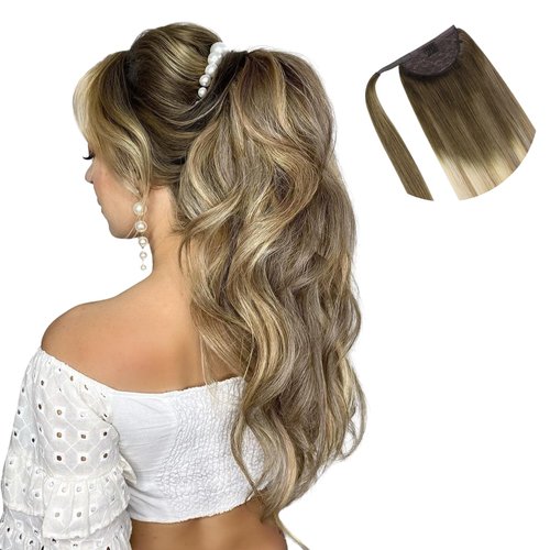 HOTBANANA Ponytail Extension, 14 Inch Ponytail Extension Human Hair Clip in Wrap Around Ponytail Hair Piece Walnut Brown to Ash Brown and Bleach Blonde Long Straight Remy Human Hair Extension 75g