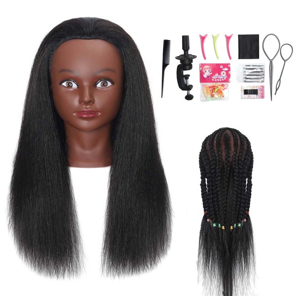 100% Real Hair Mannequin Head 16" Hairdresser Cosmetology Manikin Training Practice Doll Head for for Hairstyling (Black 16inch B)