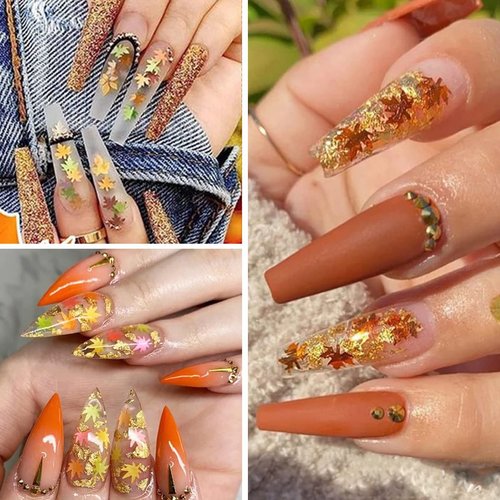 12 Grids 3D Maple Leaf Nail Glitter Sequins Fall Nail Art Stickers Decals Holographic Laser Red Gold Yellow Orange Fall Glitter Leaves Designs Autumn Nail Charms Thanksgiving Nail Art Decorations