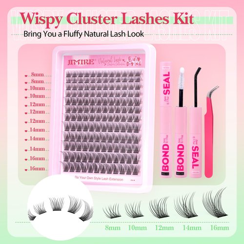 JIMIRE Natural Lash Extension Kit Wispy 9-12MM Lash Clusters Kit C Curl Eyelash Extensions Kit with Lash Bond and Seal Tweezers Cluster Eyelash Extensions 144Pcs for Beginners Friendly