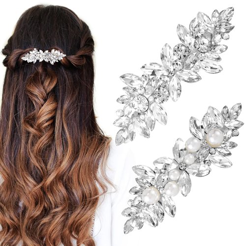 HINZIC 2Pcs Rhinestone Hair Clips Flower Hair Barrettes Crystal Pearl French Hairpins Hair Clip Sparkle Valentines Wedding Prom Accessories for Women Girls Bridal Thick Long Hair