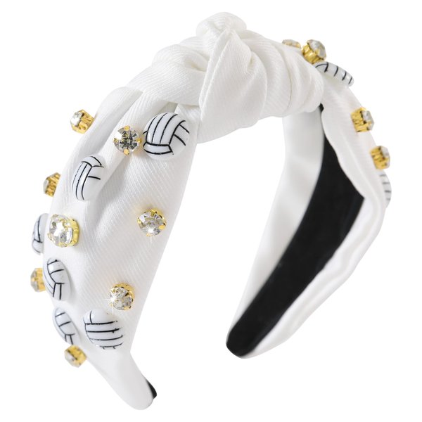 Gmmidea Volleyball Knotted Headband for Women Crystal Rhinestone Jeweled Headband White Top Knot Embellished Headband Fun Game Day Hair Accessories for Ladies Girls Sports Fans