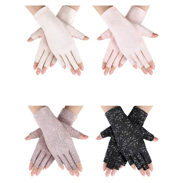 SATINIOR 4 Pairs Driving Sunscreen Fingerless Gloves Women UV Protection Half Finger Non Skid Gloves for Summer Outdoor Activities Favors, Medium (Flower)