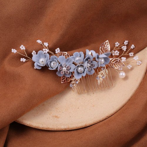 Bridal Hair Combs, Wedding Hair Comb Set Crystal Flower Hair Clips Bride Bridesmaid Hair Sides Comb Rhinestone Barrettes, Pearl Flower Hair Pins Hair Accessories for Women Girls (Light Blue)