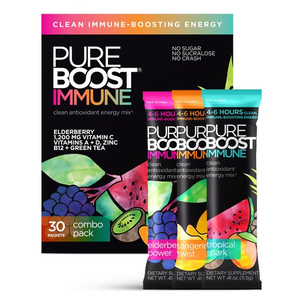Pureboost Immune Clean Energy Drink Mix: Immunity Supplement with Elderberry, 1200 mg Vitamin C, Vitamins A + D, Zinc, 28 Vitamins, Minerals and Supernutrients (Combo, 30 Count)