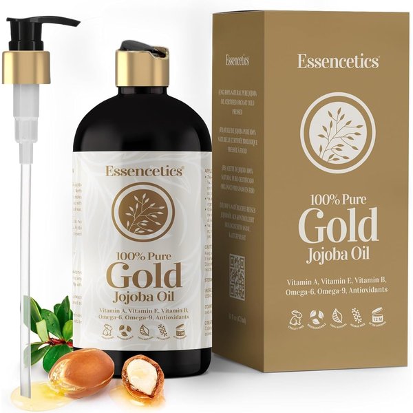 Essencetics Organic Jojoba Oil 16 oz - 100% Pure & Natural Jojoba Massage Oil for Hair, Skin, Body, & Face - Natural Cold Pressed Unrefined - Jojoba Oil Organic Massage Oil for Massage Therapy