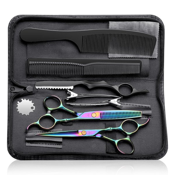 PURPLEBIRD Hair Cutting Scissors Kit, Professional Barber Scissors Hairdressing Shears Set with Stainless Steel Hair Scissors Thinning Scissors for Men Women Pet 10 Pcs Rainbow