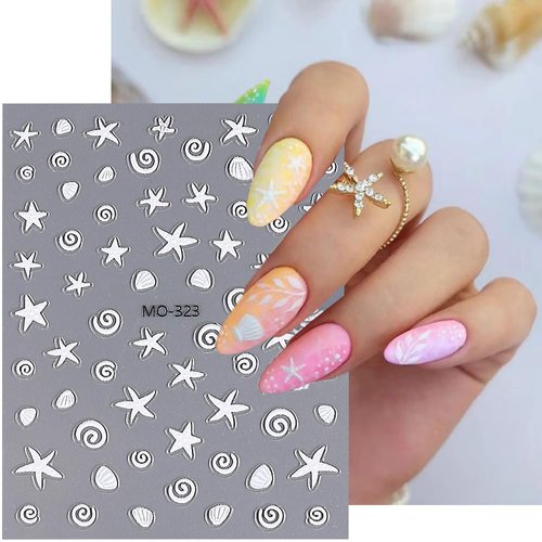 Summer Nail Art Stickers 5D Embossed Summer Beach Ocean Nail Stickers 3PCS White Starfish Shells Palm Sea World Design Self-Adhesive Nail Decals Summer Nail Art Decorations Supplies for Women Girls