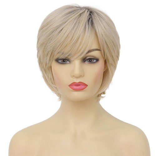 Tseses Short Blonde Wigs with Bangs for Women Natural Layered Fluffy Daily Synthetic Hair Wig(Blonde and Dark Roots)