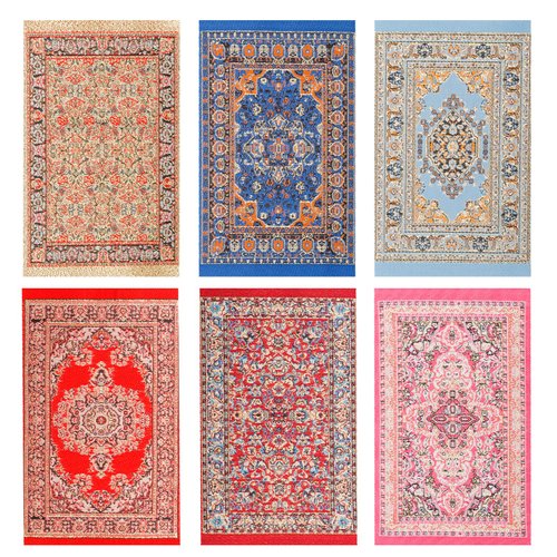 6 Pcs Miniature Carpets Mini Floral Print Carpet 6 Inch Vintage Woven Rug for Miniature Furniture Decoration Accessory
