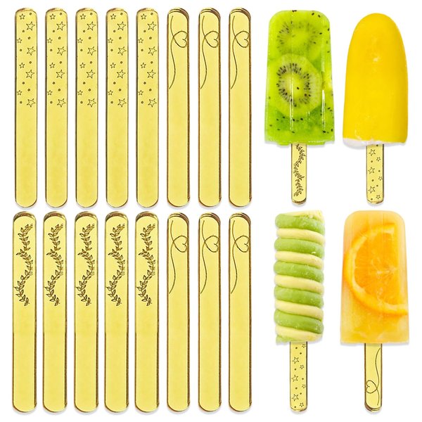 15 Pcs Acrylic Sticks Reusable Popsicle Sticks Ice Cream Candy Cake Pop Heart Star Leaf Pattern Golden Mirror Home Party DIY Craft Supplies