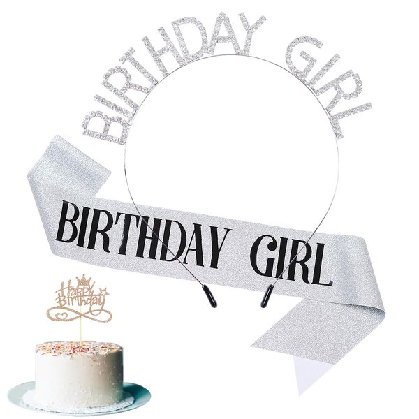 DOCOONIVER Silver Birthday Headband for Women,Birthday Girl Sash and Crown for Girls and Women,Birthday Gift for Her,Happy Birthday Cake Topper,Accessories for Birthday Decorations.