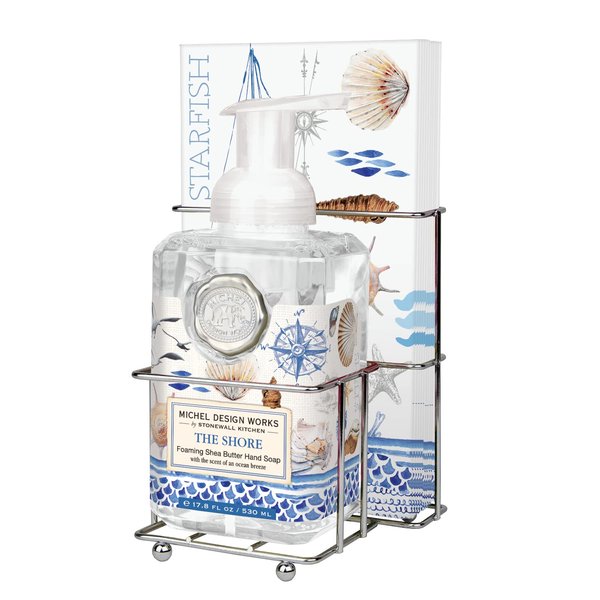 Michel Design Works Scented Foaming Hand Soap, 17.8oz and Napkin Caddy Set with 15 Hostess Napkins, The Shore Scented and Designed