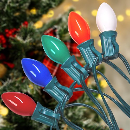 C7 Christmas Lights, 25Ft Vintage Christmas Outdoor Indoor String Lights with 27 Ceramic Colored Christmas Lights, Hanging Christmas Decorations Lights for Rooftop/Garden/Tent/Party, Green Wire