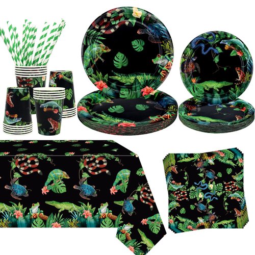 Obussgar Reptile Birthday Party Decorations - Reptile Party Supplies including Plates, Cups, Napkins, Tablecloths for Reptile Party Decorations - Serves 20 (20)