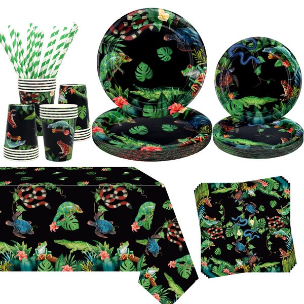 Obussgar Reptile Birthday Party Decorations - Reptile Party Supplies including Plates, Cups, Napkins, Tablecloths for Reptile Party Decorations - Serves 20 (20)
