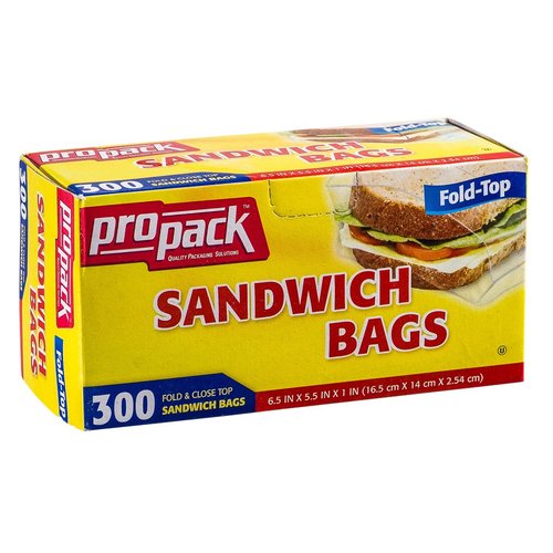 Propack Sandwich Bags 6.5" x 5.5" Fold Top, Clear, 300 Count