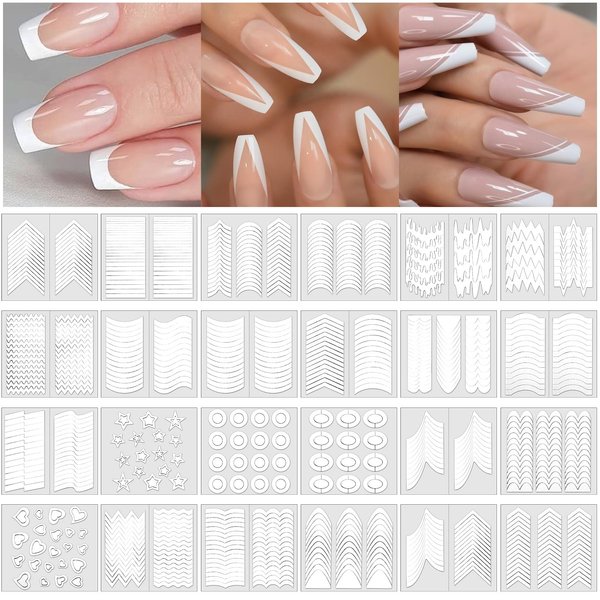 YUXIANLB 24 Sheets French Manicure Nail Stickers, 24 Designs French Tip Nail Guides Stickers, Self-Adhesive Nail Decals Manicure Kits for DIY Decorations for Nail Art Decoration Stencil Tools
