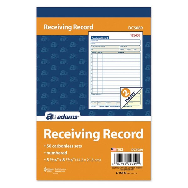 Adams Receiving Record Book, 2-Part, Carbonless, 5-9/16 x 8-7/16 Inches, 50 Sets per Book (DC5089) , White