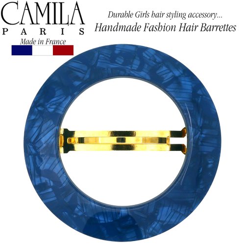 Camila Paris CP3257 French Hair Barrette Clip for Girls, Round Handmade Blue, Strong Hold Grip Hair Clips for Women, No Slip and Durable Styling Girls Hair Accessories, Made in France