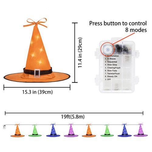 Ivenf Halloween Hocus Pocus Decor, 8 Pcs Lighted Hanging Witch Hats, String Lights with Remote,Halloween Decorations Outdoor for Garden Yard Indoor Outside Party, 19.6ft, 3 Colors