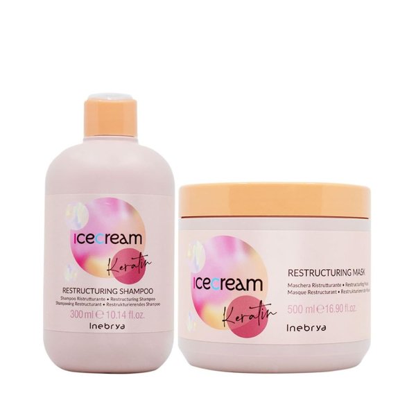 Inebrya Ice Cream Keratin Restructuring Shampoo & Mask Set - Frizz Control, Hydration, and Nourishment for Chemically Treated Hair, 300ML and 500ML