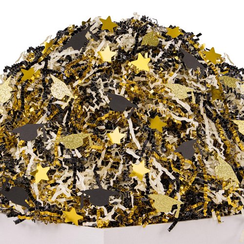 PAPER FAIR 1 LB Graduation Crinkle Cut Paper w/Grad Cap Star Confetti, Metallic Black Gold Glitter Cream Shred Filler Mix Easter Grass Raffia Tissue Craft, Party Birthday Gift Box Basket Retail