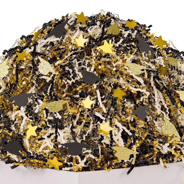 PAPER FAIR 1 LB Graduation Crinkle Cut Paper w/Grad Cap Star Confetti, Metallic Black Gold Glitter Cream Shred Filler Mix Easter Grass Raffia Tissue Craft, Party Birthday Gift Box Basket Retail