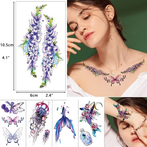 25 Sheets Small Temporary Tattoos, Flowers Ocean Animals Jellyfish Whale Hands Face Tattoo Sticker for Men Women, Leaves Body Art on Arm Neck Shoulder Clavicle Waterproof