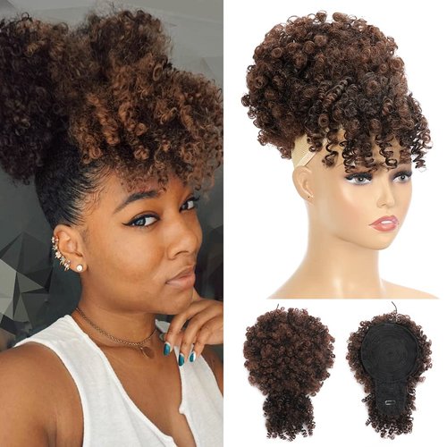 Fayasu Afro Puff Drawstring Ponytail with Faux Bangs Blonde Ponytail Extension Short Curly Hair Extensions Updo Hairpieces Ponytail Extension wigs for Black Women (2/33)