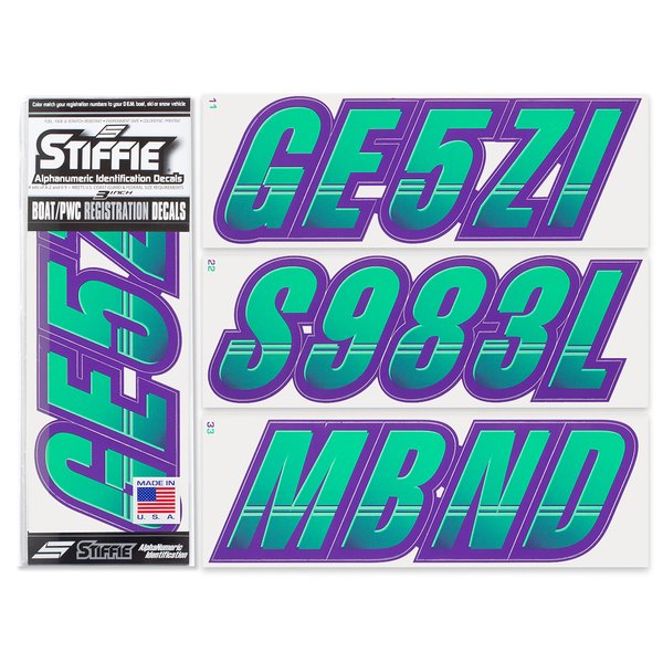 STIFFIE Techtron Seafoam Green/Purple 3" Alpha-Numeric Registration Identification Numbers Stickers Decals for Boats & Personal Watercraft