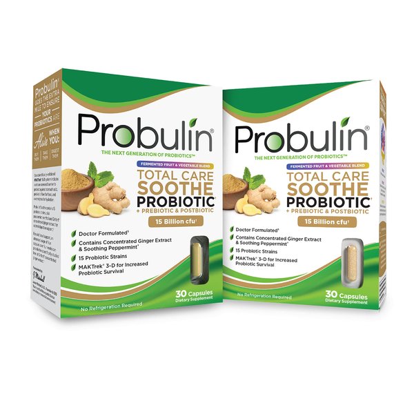 Probulin Total Care Soothe = Prebiotics + Probiotics + Postbiotics + Ginger + Peppermint for Soothing Digestive Support - 15 Bill CFU - 15 Strains - 30 Vegan Caps (Twin Pack)