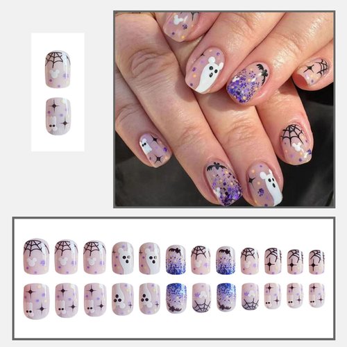 24Pcs Halloween Press on Nails Short Square Fake Nails with Spider Web Bat White Ghost Designs Halloween Acrylic Nails Full Cover False Nails Purple Glitter Cute Glue on Nails for DIY Halloween Nails